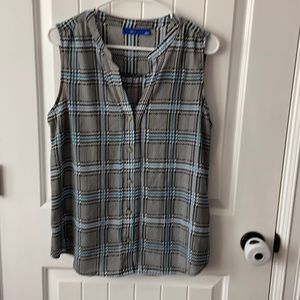 Black, blue and white sleeveless blouse/shell